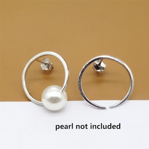2 Pairs Sterling Silver Earring Settings w/ Rhodium Plated, 925 Silver Circle Ear Posts with Peg for Pearl Bead, Round Post Earring Setting