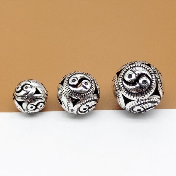 2 Sterling Silver Taichi Round Beads, Tai Chi Bead, 925 Silver Yin Yang Bead, Feng Shui Bead, Chinese Culture Bracelet Necklace Bead