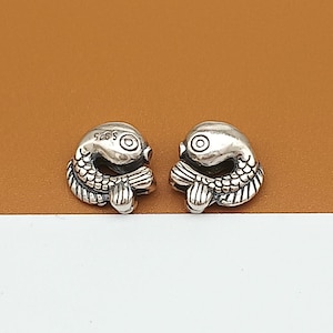 2 Sterling Silver Fish Bead 2-Sided, 925 Silver Fish Bead, Sea Bead, Couple Fish Bead, Ocean Bead, Bracelet Bead, Necklace Bead