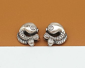 Sterling Silver Fish Bead 2-Sided, 925 Silver Fish Bead, Sea Bead, Couple Fish Bead, Ocean Bead, Bracelet Bead, Necklace Bead