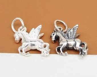 Sterlingzilver vliegend paard bedel 2-zijdig, 925 zilveren Pegasus-bedel, klein paard hanger, dierenbedel, armband bedel, ketting bedel