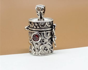 Colgante de plata de ley con forma de caja de oración en espiral y granate, colgante de plata de ley con granate, caja de oración, caja de deseos, caja de recuerdos de loto.