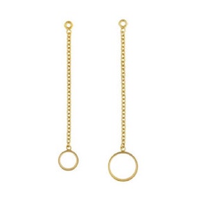 May include: Two gold chain earrings with a circle pendant at the end of each chain.