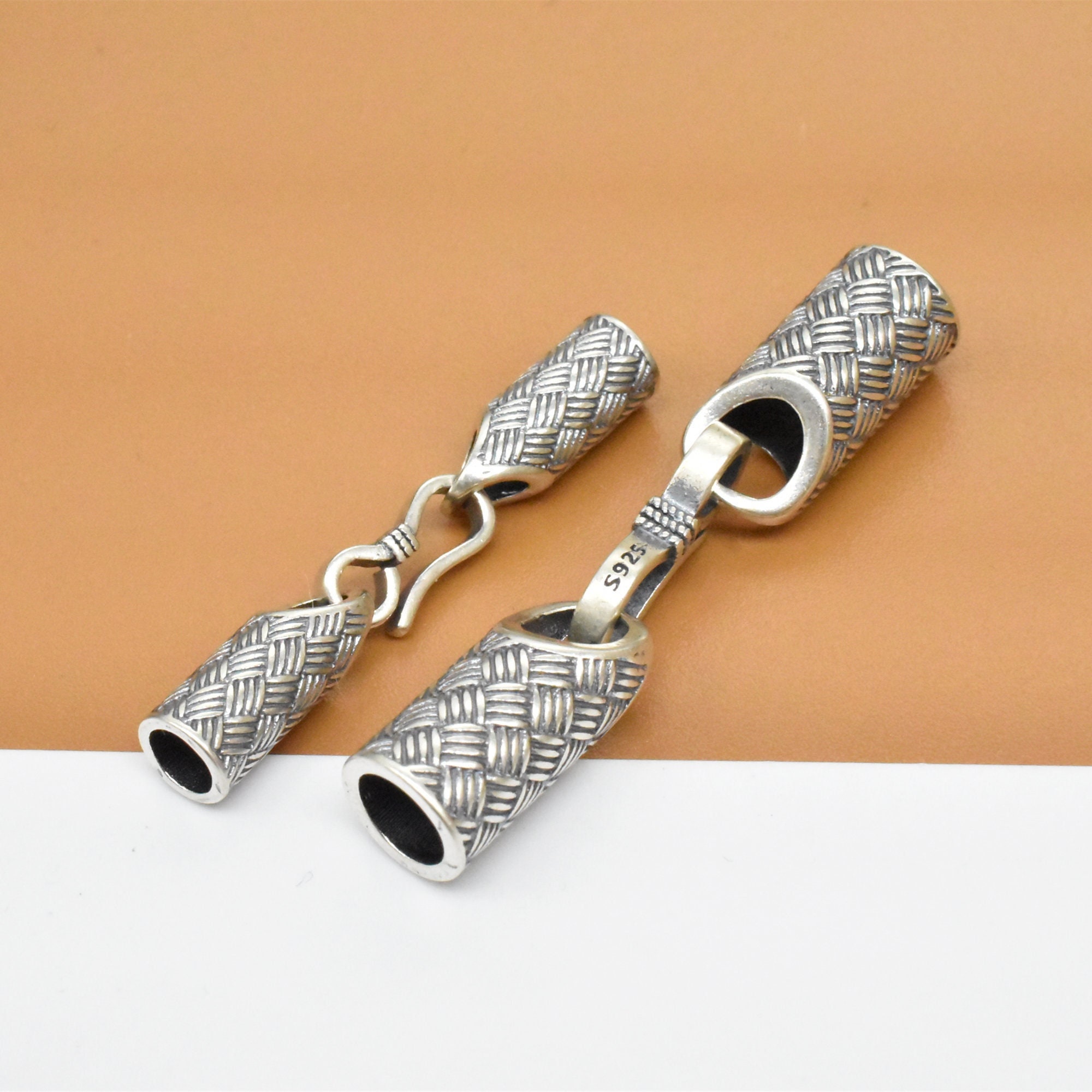 Sterling Silver Weave Cord End Cap With Hook Clasp, 925