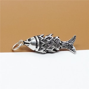 Sterling Silver Active Fish Charm, 925 Silver Fish Pendant,  Fish for Bracelet Necklace