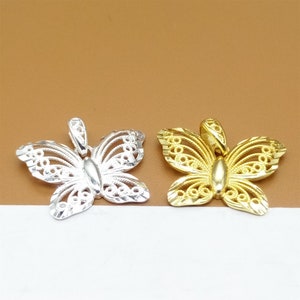 2 Sterling Silver Butterfly Charms, 925 Silver Butterfly Pendant w/ Gold Plated, Butterfly Charm, Garden Charm, Insect Charm for Necklace