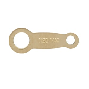 May include: A gold-colored metal jump ring with a 1/20 14K marking. The jump ring has a large round opening on one end and a smaller round opening on the other end.
