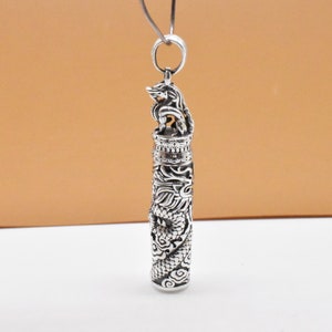 Sterling Silver Engraved Dragon Pendant, 925 Silver Locket Pendant w/ Cloud Design, Dragon Prayer Box, Memory Box, Buddhism Necklace Pendant