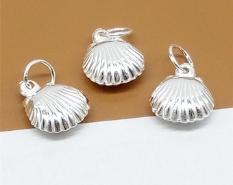 8 Sterling Silver Seashell Charms w/ Tiny Ball Inside, 925 Silver Sea Shell Charms, Ocean Charm, Bracelet Charm, Necklace Charm -