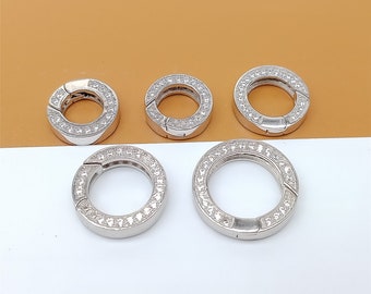 Sterling Silver Round Push Clasp Rhodium Plated w/ CZ, 925 Silver Spring Gate Clasp, Hinged Clasp, Bracelet Clasp 14mm 15mm 16mm 18mm 20mm