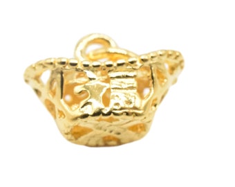 14K Gold Vermeil Style Gold Ingot Charm 3D with Chinese Good Fortune, 14K Gold Plated over 925 Sterling Silver Golden Lucky Charm