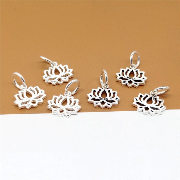 5 Sterling Silver Lotus Charms 2-Sided, 925 Silver Lotus Flower Charms for Yoga Meditation