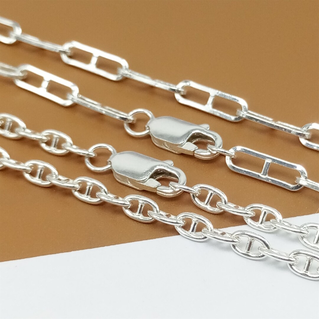 Sterling Silver Mariner Link Chain Necklace W/ Lobster Clasp, 925 Silver Anchor Necklace Chains