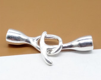 925 Sterling Silver Leather Cord End Caps w/ Toggle Clasp Design, Plain Shiny Toggle Clasp for Bracelet Necklace