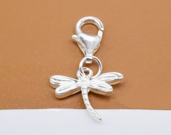 Sterling Silver Dragonfly Clip on Charm, 925 Silver Dragon Fly Clip Charm with Clip On Lobster Clasp, Bracelet Charm, Necklace Charm
