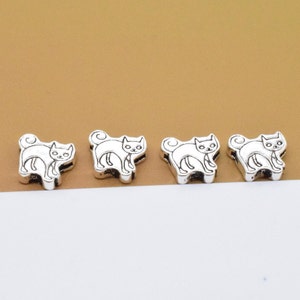4 Sterling Silver Cat Beads 2-Sided, 925 Silver Pet Bead, Small Cat Shape Spacer, Animal Bead, Bracelet Bead, Necklace Bead