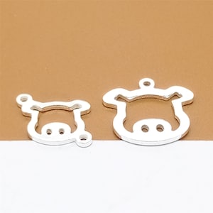 15 Sterling Silver Pig Charms, Small Pig Connectors, 925 Silver Pig Charms for Earring Bracelet Necklace, Shiny Animal Charms