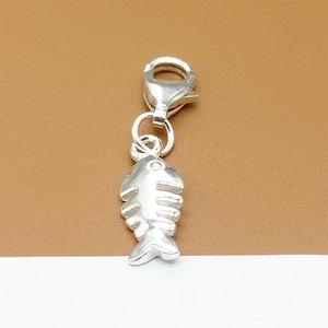 Sterling Silver Fish Bone Clip On Charm, 925 Silver Fish Clip Charm, Fish Skeleton Charm w/ Clip On Lobster Clasp for Bracelet Necklace