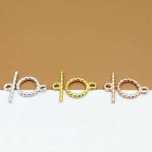 5 Sterling Silver Twisted Toggle Clasps w/ Gold Plated, 925 Silver Toggle Clasp, Rose Gold Plated Coiled Toggle Set, Stick and Round 8mm