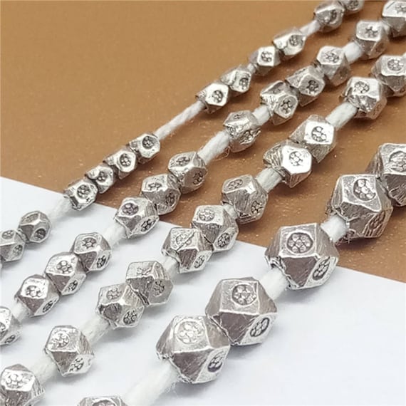 Karen Hill Tribe Silver Faceted Beads With Imprint, Hexagon