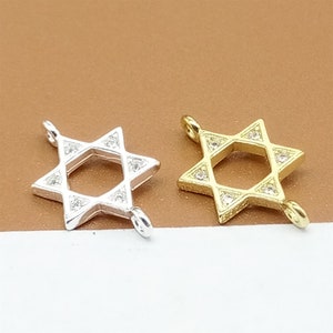 4 dijes de estrella de David en plata de ley con circonita cúbica, dije de estrella de David en plata 925, dije de estrella con conector chapado en oro amarillo, dije de estrella brillante