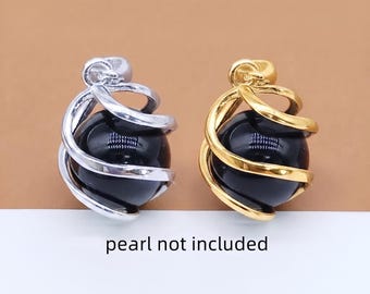 Sterling Silver Spiral Cage Pendant with Rhodium Plated for Pearls, Stone Holder Charm, Minimalist Jewelry Frame, DIY Necklace Component