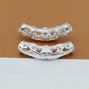 2 Sterling Silver Flower Curve Tubes, 925 Silver Flower Tube Bead, Spiral Tube Bead, Hollow Tube, Necklace Bead, Bracelet Bead