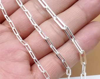 Sterling Silver Rectangle Drawn Cable Chain, Unfinished Paper Clip Chain, 925 Silver Paperclip Chain, Rectangle Cable Chain 2.5mm 3mm 3.5mm