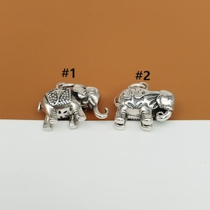 Sterling Silver Elephant Charm 3D w/ Lotus Pattern, 925 Silver Elephant Charm for Necklace Bracelet, Oxidized Elephant Pendant