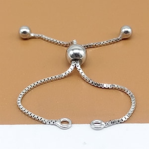 2 Sterling Silver Unfinished Adjustable Chains for Bracelet Rhodium Plated, 925 Silver Box Chain for Bracelet w/ Stopper Bead Closed Ring