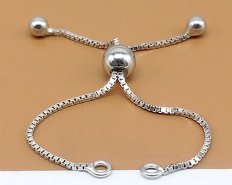 Sterling Silver Unfinished Adjustable Chain for Bracelet Rhodium Plated, 925 Silver Box Chain for Bracelet w/ Stopper Bead Closed Ring