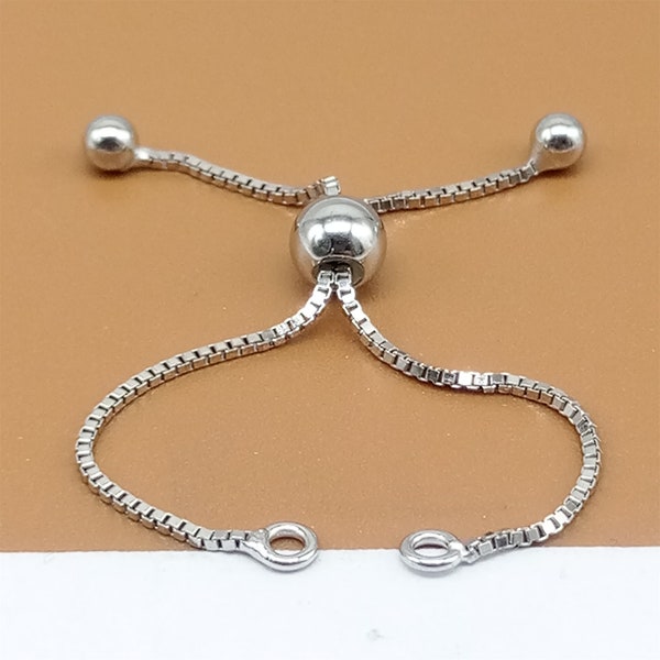 2 cadenas de pulsera ajustables de plata esterlina con baño de rodio, pulsera de cadena de caja semiacabada de plata 925 con anillo cerrado de cuenta de tapón