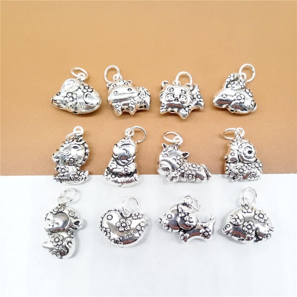 Sterling Silver Chinese Zodiac Charm, 925 Silver Charm Rat Ox Tiger Rabbit Dragon Snake Horse Goat Monkey Rooster Dog Pig