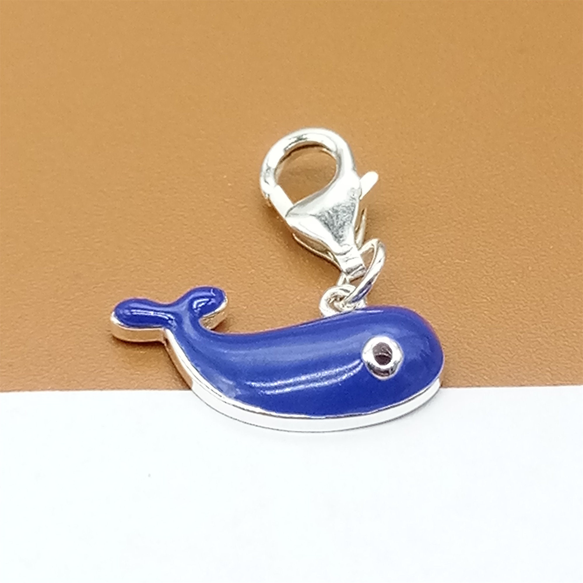 Sterling Silver Enamel Whale Clip On Charm, 925 Silver Whale Clip On Charm, Sea Charm, Ocean Charm, Lobster Clasp Charm for Bracelet