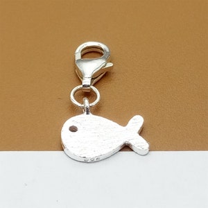 Sterling Silver Matte Fish Clip On Charm, Stardust Fish Charm, 925 Silver Small Fish Charm w/ Clip On Lobster Clasp, Sea Charm, Ocean Charm