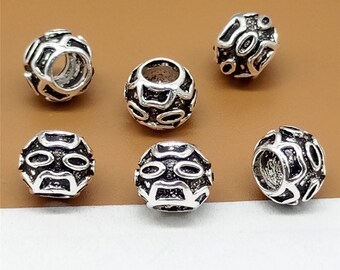 Sterling Silver Engraved Beads, Large Hole Beads 4.5mm Hole, 925 Silver Beads 10mm Diameter, Oxidized Beads for Bracelet