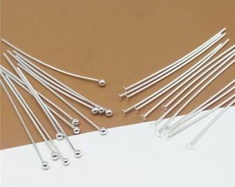 50 Sterling Silver Pins Headpins, Ball Head Pins, Flat Head Pins, 925 Silver Needles, Ball Pins, Flat Pins 20mm 25mm 30mm Length