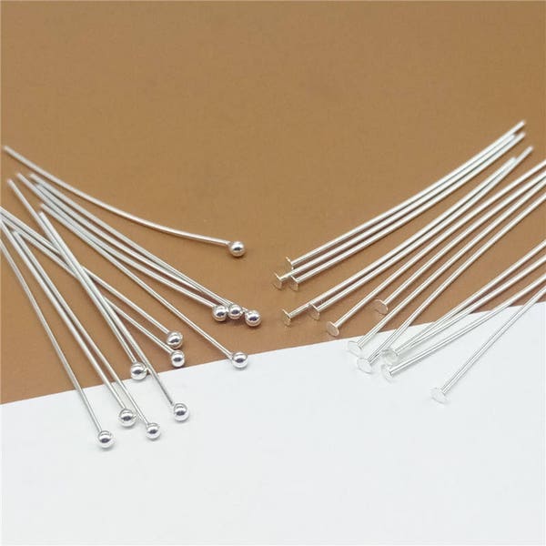 50 Sterling Silver Pins Headpins, Ball Head Pins, Flat Head Pins, 925 Silver Needles, Ball Pins, Flat Pins 20mm 25mm 30mm Length