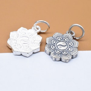 4 Sterling Silver Lotus Tai Chi Charms 2-Sided, 925 Silver Matte Lotus Small Pendant, Chinese Taichi Yin Yang Charm, Bracelet Necklace Charm