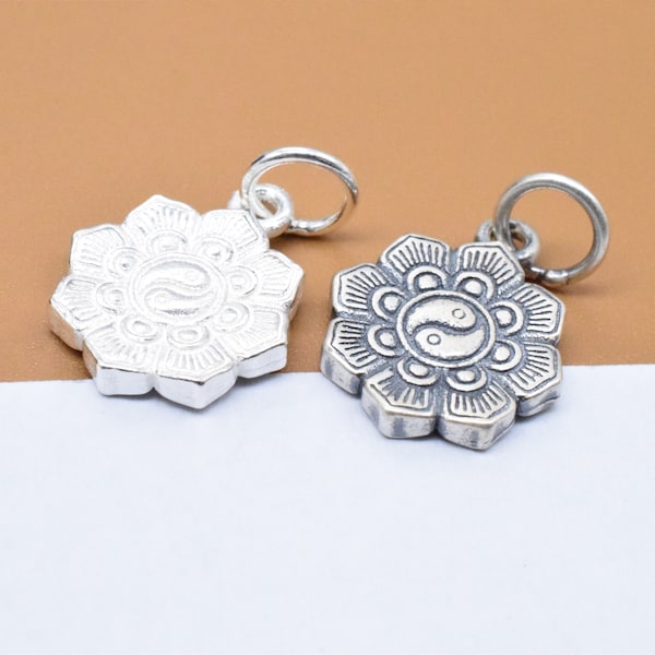 4 Sterling Silver Lotus Tai Chi Charms 2-Sided, 925 Silver Matte Lotus Small Pendant, Chinese Taichi Yin Yang Charm, Bracelet Necklace Charm