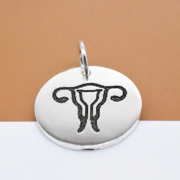 Sterling Silver Uterus Charm Deep Engraved, 925 Silver Uterus Pendant, Coin Charm for Necklace Key Chain, Custom Disc Charm 15mm 0.59"