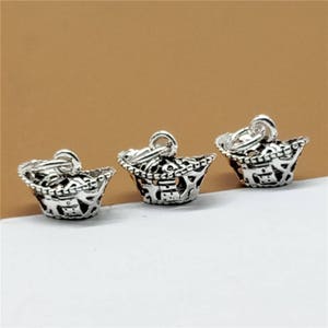 6 Sterling Silver Chinese Gold Ingot Charms 3D with Good Fortune Charms, 925 Silver Golden Ingot Lucky Charms