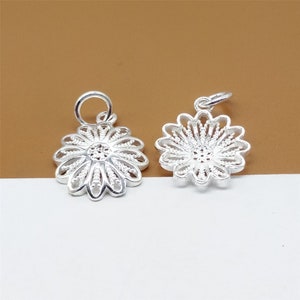 4 Sterling Silver Filigree Flower Charms Diameter 14mm, Shiny Flower, 925 Silver Floral Charms, Bracelet Charm, Necklace Charm