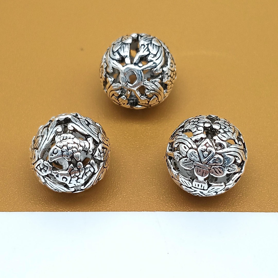 2 Sterling Silver Fish and Lotus Beads 925 Silver Lotus Fish Etsy