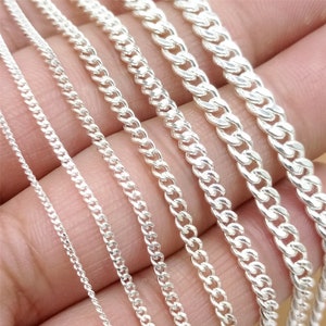 Sterling Silver Flat Curb Chain, 925 Silver Bulk Unfinished Curb Chain for Necklace Bracelet 1mm 1.4mm 1.8mm 2.3mm 2.8mm 3.5mm 4mm 3.28ft