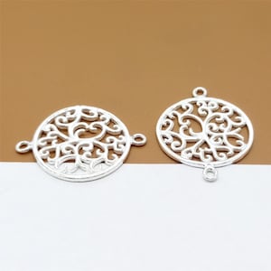 4 Sterling Silver Filigree Charm Connectors, Floral Flower Connector, 925 Silver Circle Charms for Bracelet Necklace