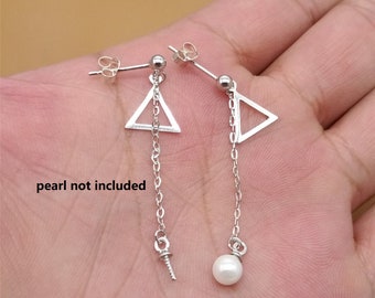2 Pairs Sterling Silver Ball Earring Posts Triangle with Backs Rhodium Plated, 925 Silver Chain Ear Posts w/ Cup Peg for Half Drilled Pearl