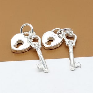 4 Sterling Silver Shiny Key and Lock Charms, Love Heart Lock, 925 Silver Key Lock Charms, Bracelet Charm, Necklace Charm