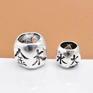 8 Sterling Silver Five Elements Beads, 925 Silver Chinese Element Beads, Feng Shui Beads, Large Hole Bead, Chinese Divination Bead 金木水火土
