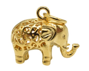 14K Gold Vermeil Style Elephant Charm 3D, 14K Gold Plated over 925 Sterling Silver Elephant Pendant, Hollow Elephant for Necklace Bracelet